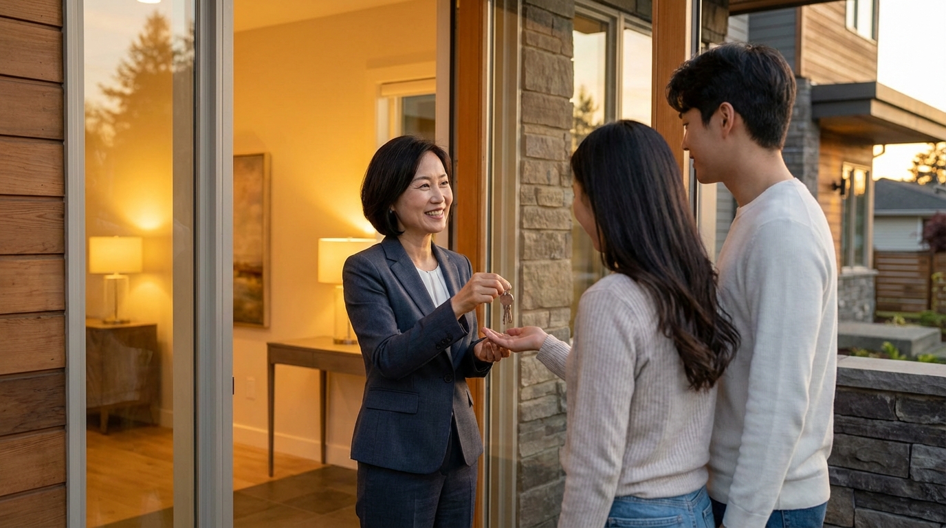 부동산 거래 현장에서 열쇠를 건네는 모습