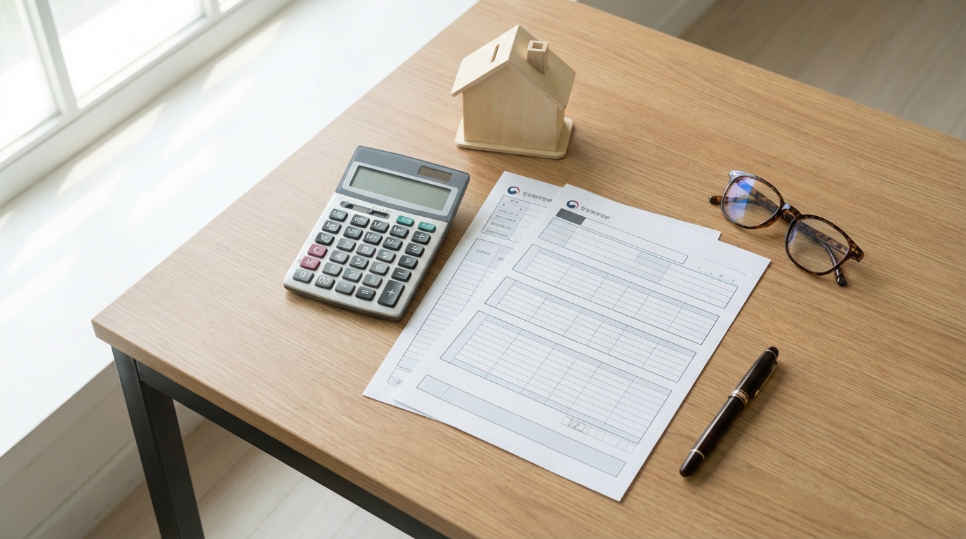 세금 계산 서류와 계산기가 놓인 책상