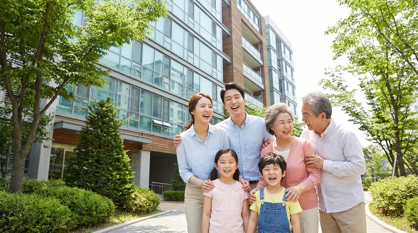새 아파트 앞에 서 있는 행복한 가족