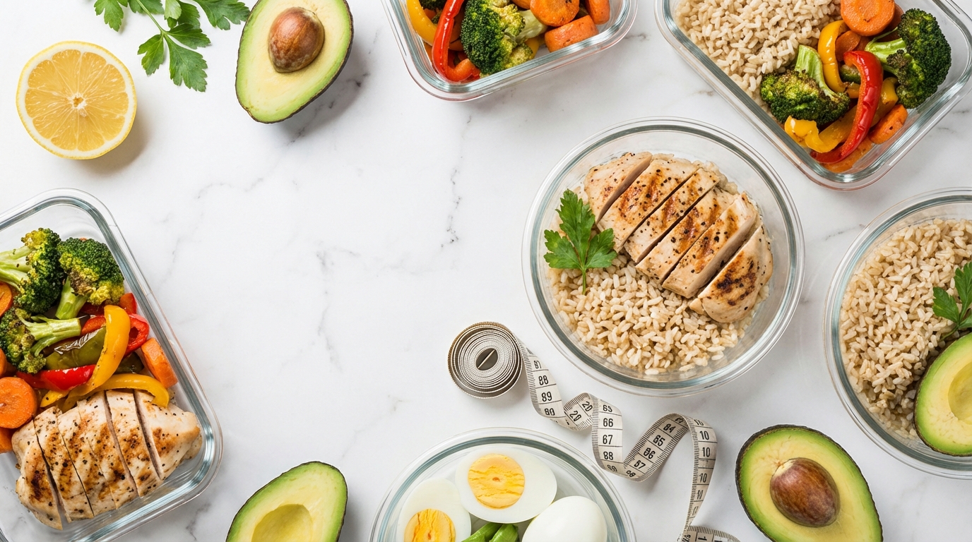 건강한 다이어트 식단 - 닭가슴살, 현미, 채소, 아보카도