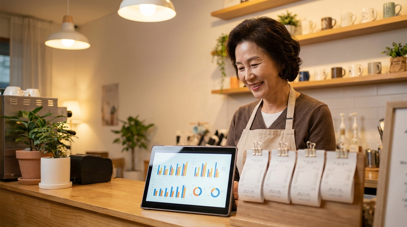 카페에서 태블릿으로 재무 보고서를 확인하는 소상공인