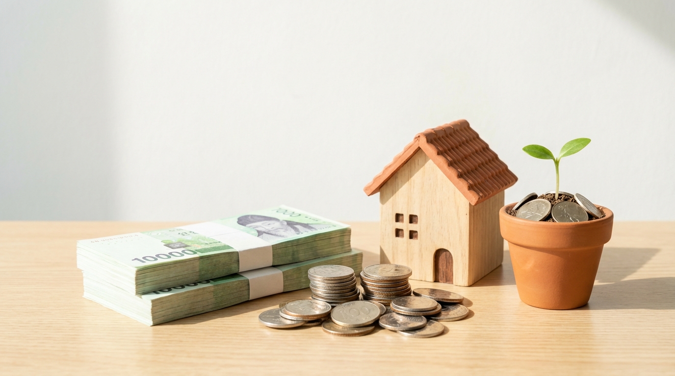 세금 절약을 상징하는 동전과 지폐, 작은 식물