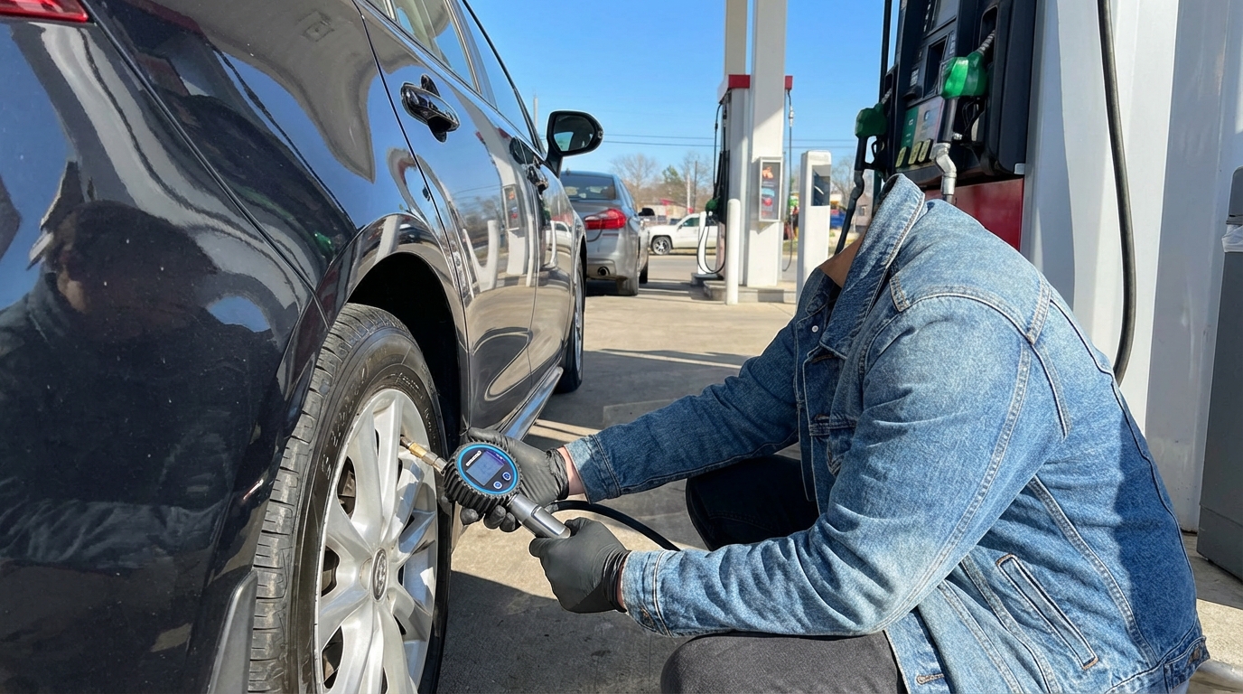 타이어 공기압을 점검하는 모습