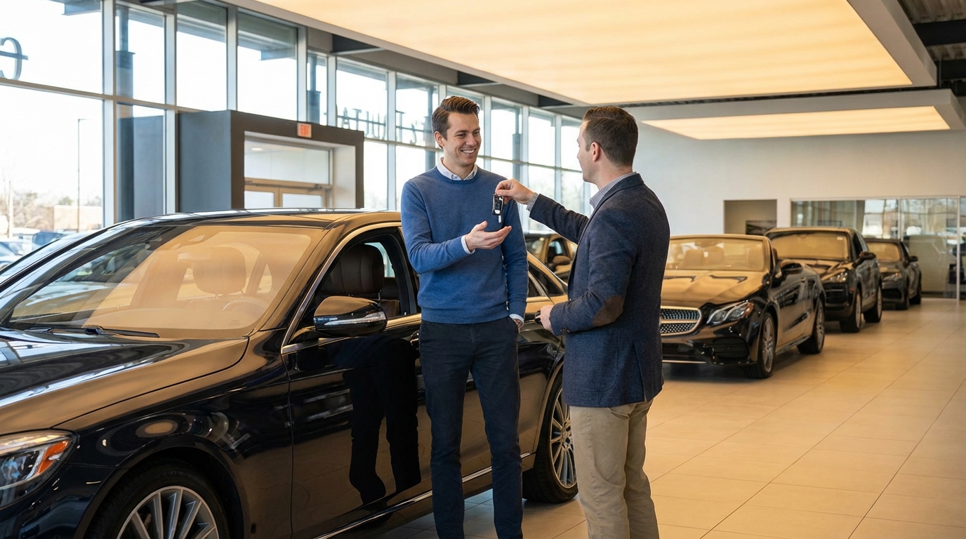 자동차 대리점에서 키를 받는 모습