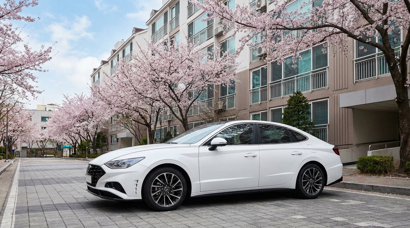 아파트 단지 앞에 주차된 흰색 세단