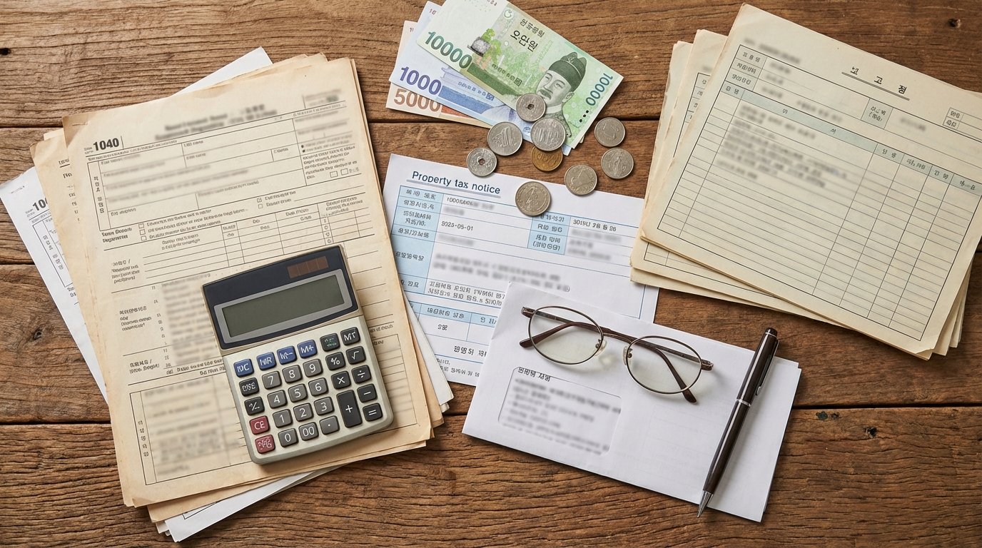 세금 관련 서류와 계산기