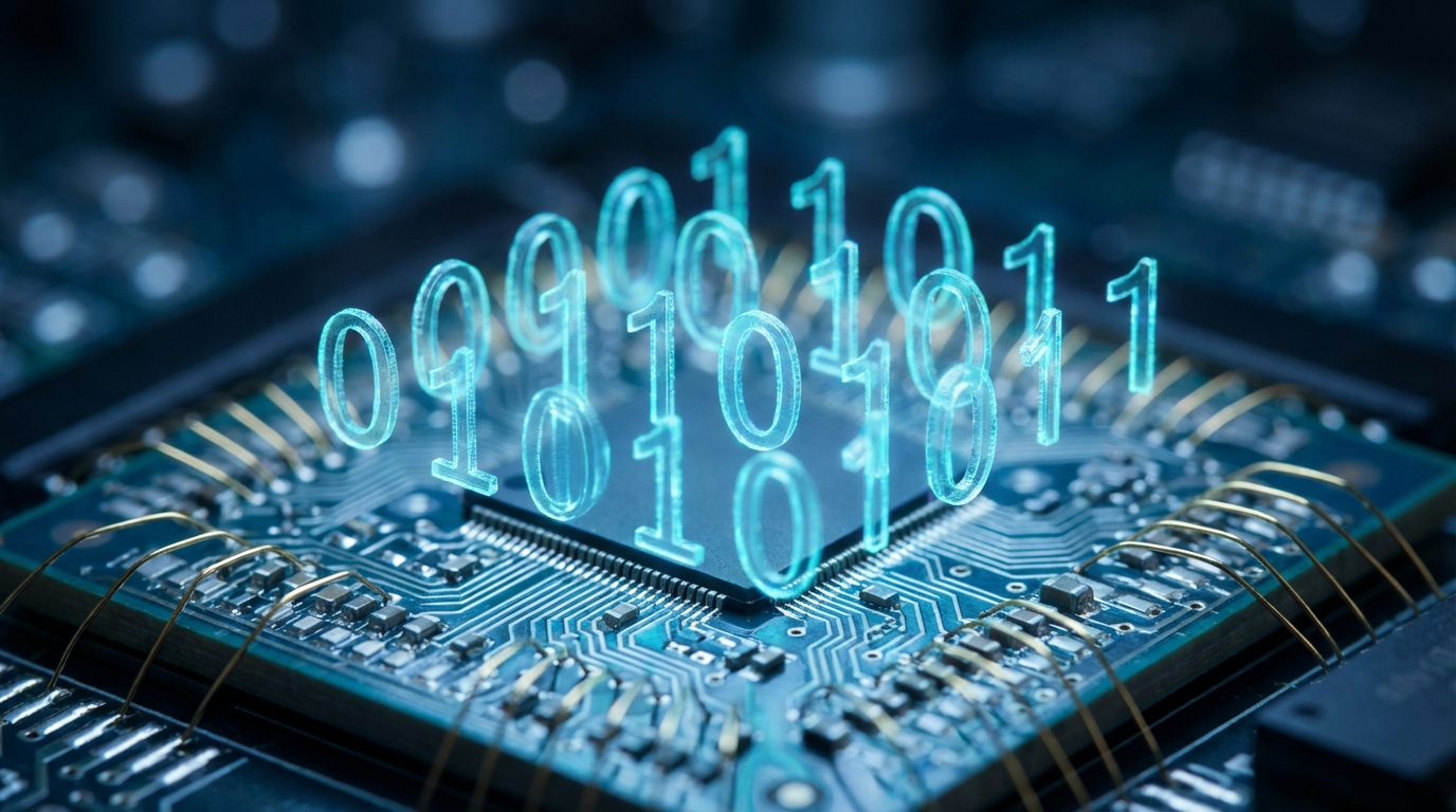 비트와 바이트를 시각화한 이진수와 회로 이미지