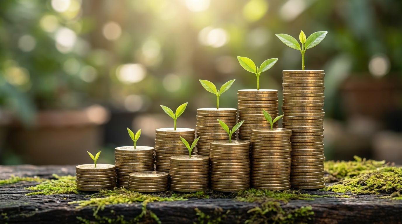 복리 효과를 상징하는 성장하는 동전 더미