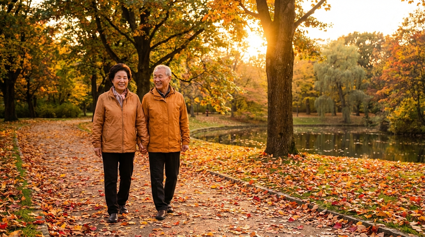 행복하게 산책하는 노부부