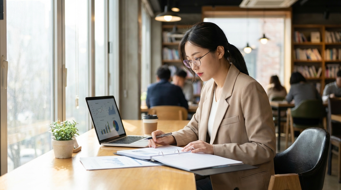 노트북으로 서류를 확인하는 직장인