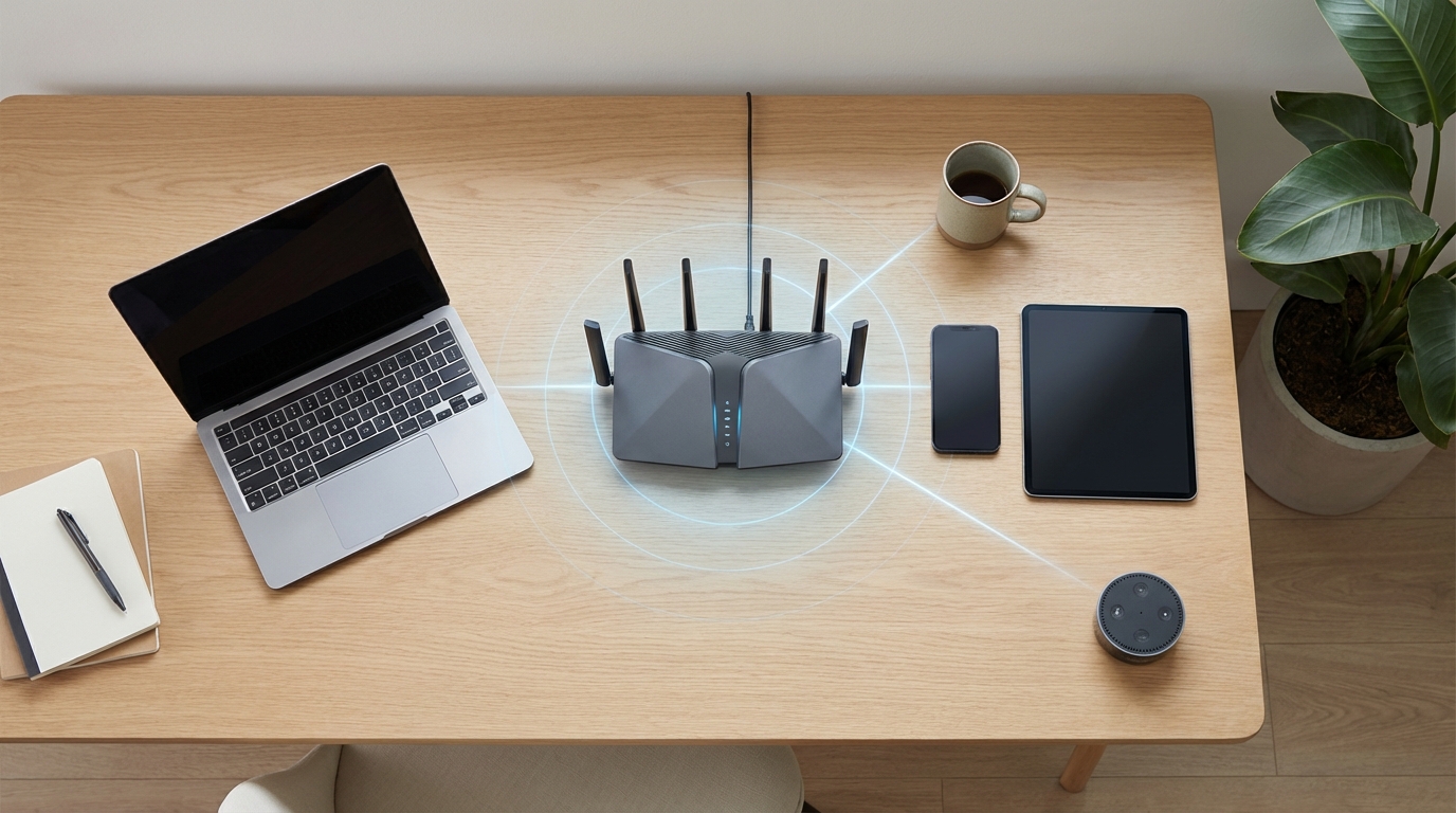공유기에 연결된 다양한 기기들 - 노트북, 스마트폰, 태블릿, 스마트 스피커