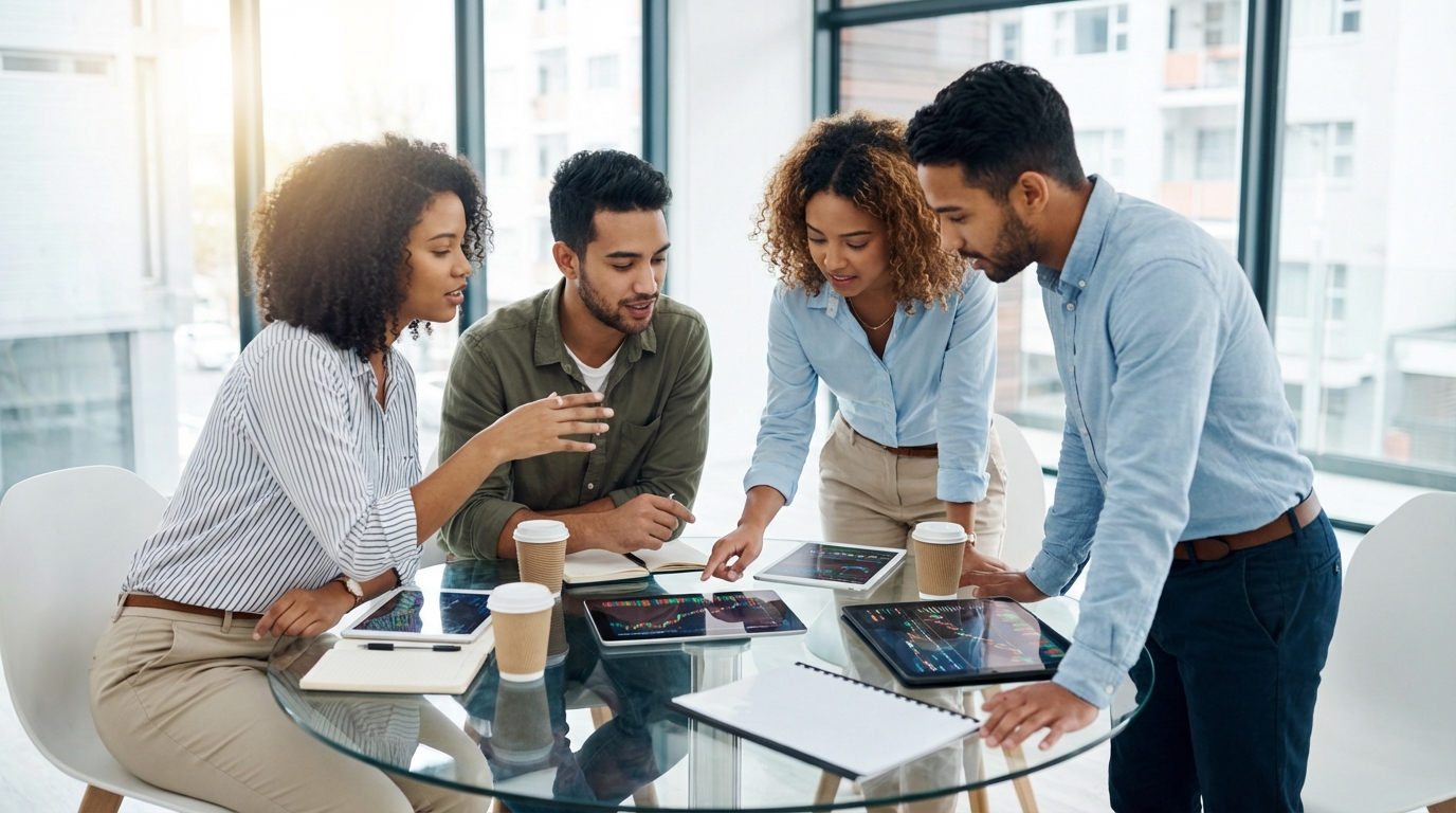 다양한 사람들이 차트를 보며 회의하는 모습