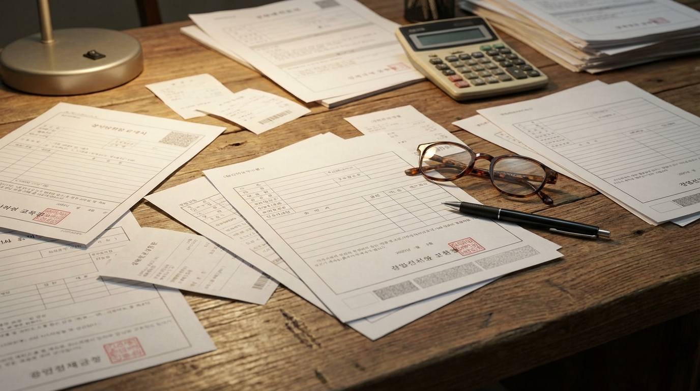 연말정산 세금 서류와 계산기가 놓인 책상