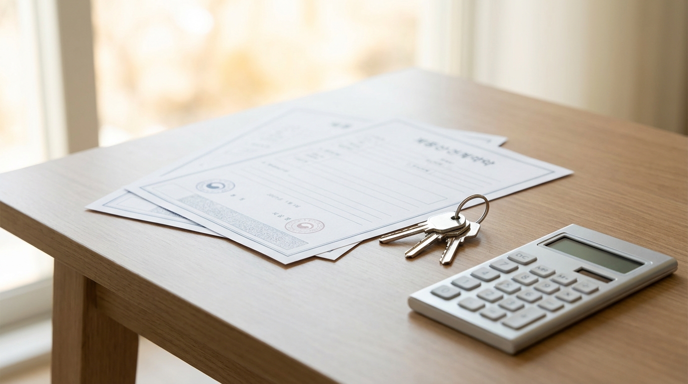 한국 부동산 계약서와 열쇠, 계산기