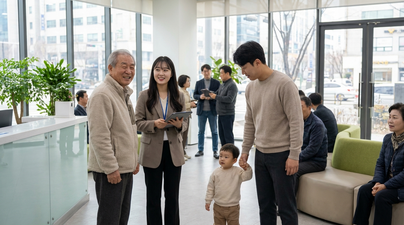 다양한 연령대의 시민들이 공공서비스 센터를 이용하는 모습