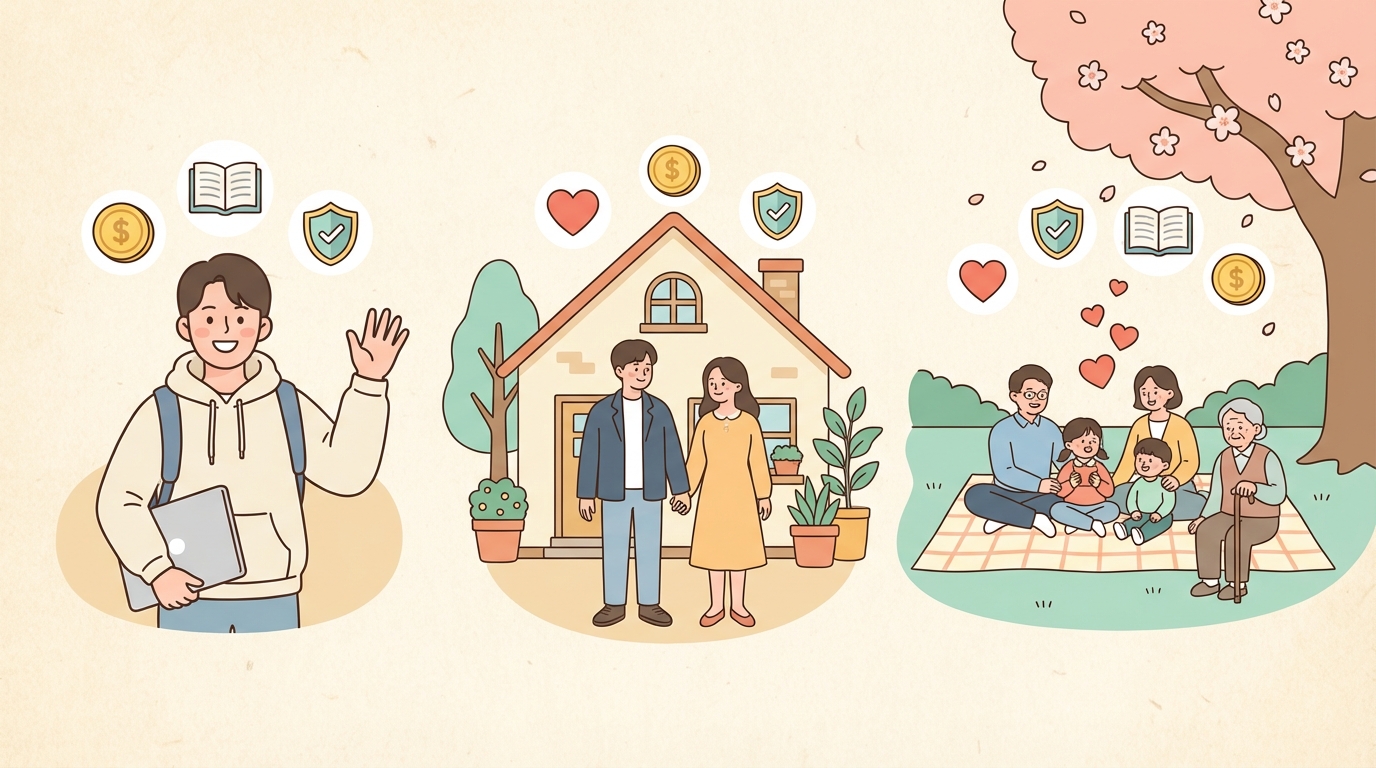 생애주기별 정부 혜택 타임라인 일러스트