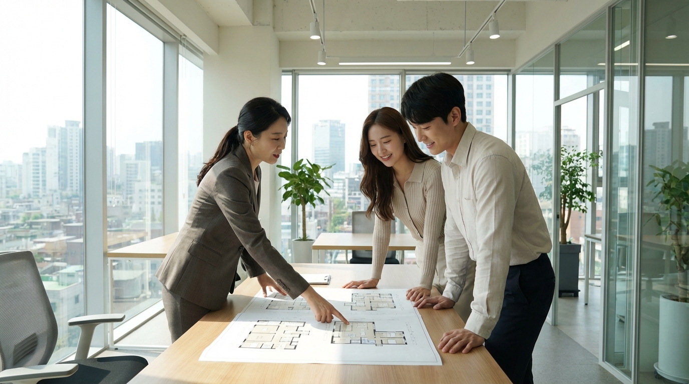 공인중개사 사무소에서 부동산 거래 상담 중인 모습