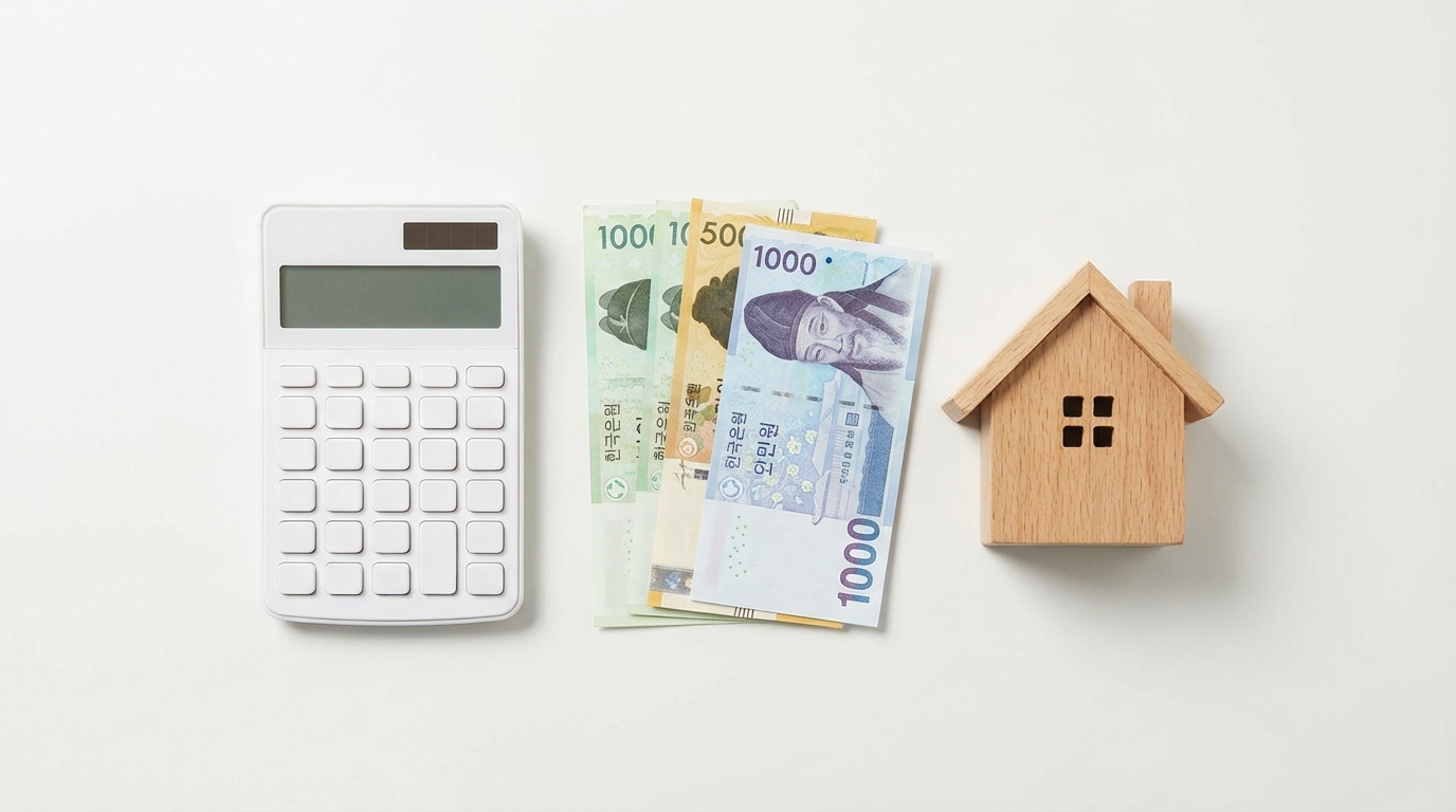 계산기와 한국 원화 지폐, 집 모형이 놓인 책상