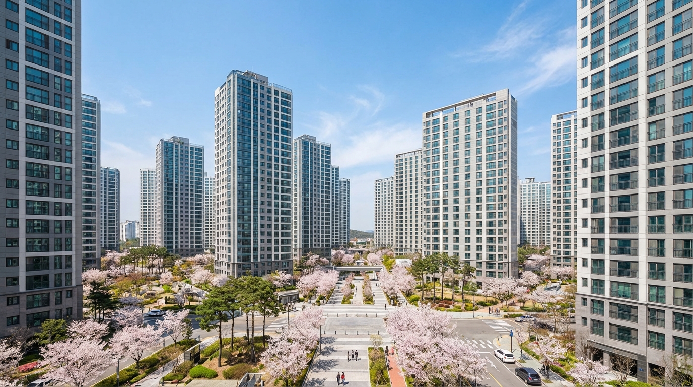 봄날 벚꽃이 핀 현대식 아파트 단지 외관