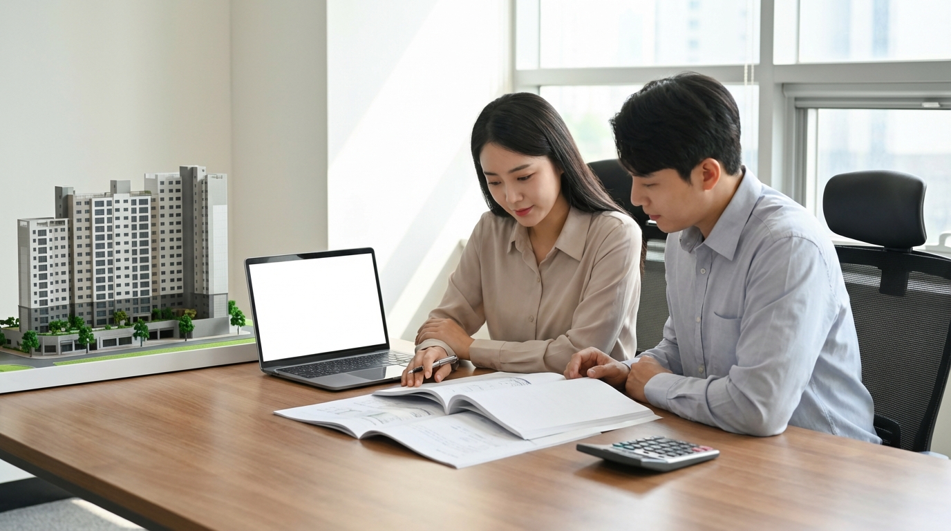 부동산 매매 계약서를 검토하는 부부