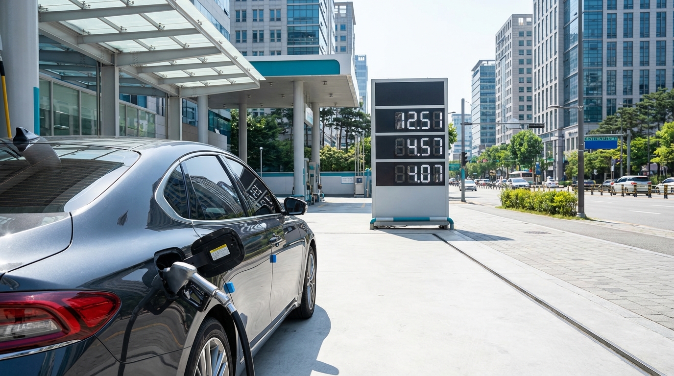 한국 주유소에서 주유 중인 차량