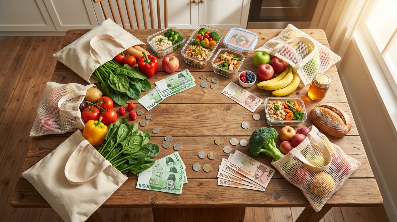 신선한 식재료와 장보기 용품이 놓인 주방