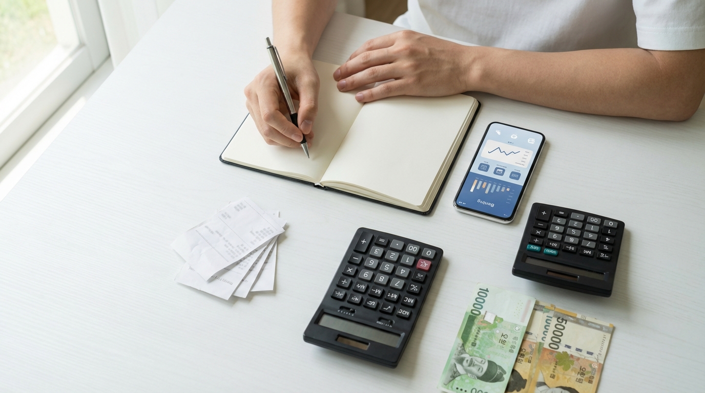 가계부를 작성하며 지출을 정리하는 모습