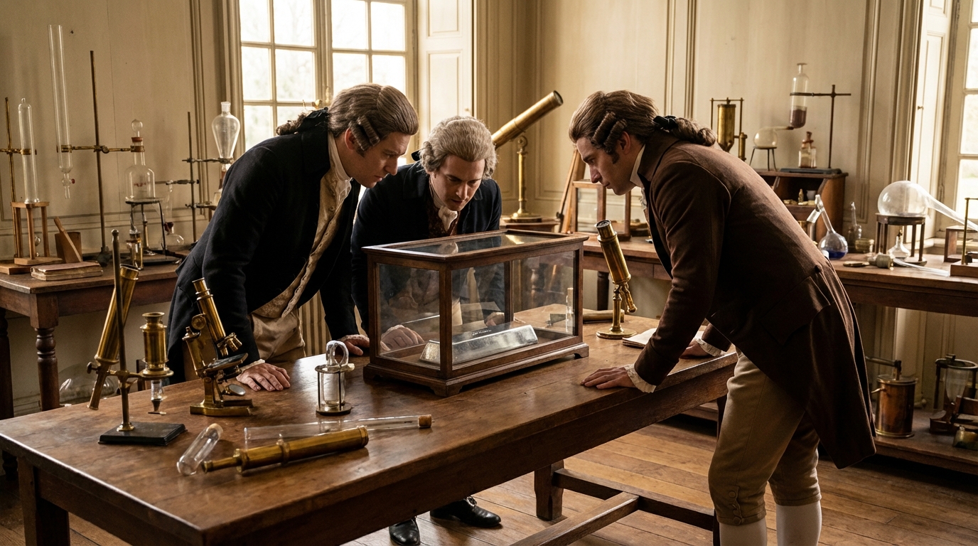 18세기 프랑스 과학자들이 미터 원기를 연구하는 모습